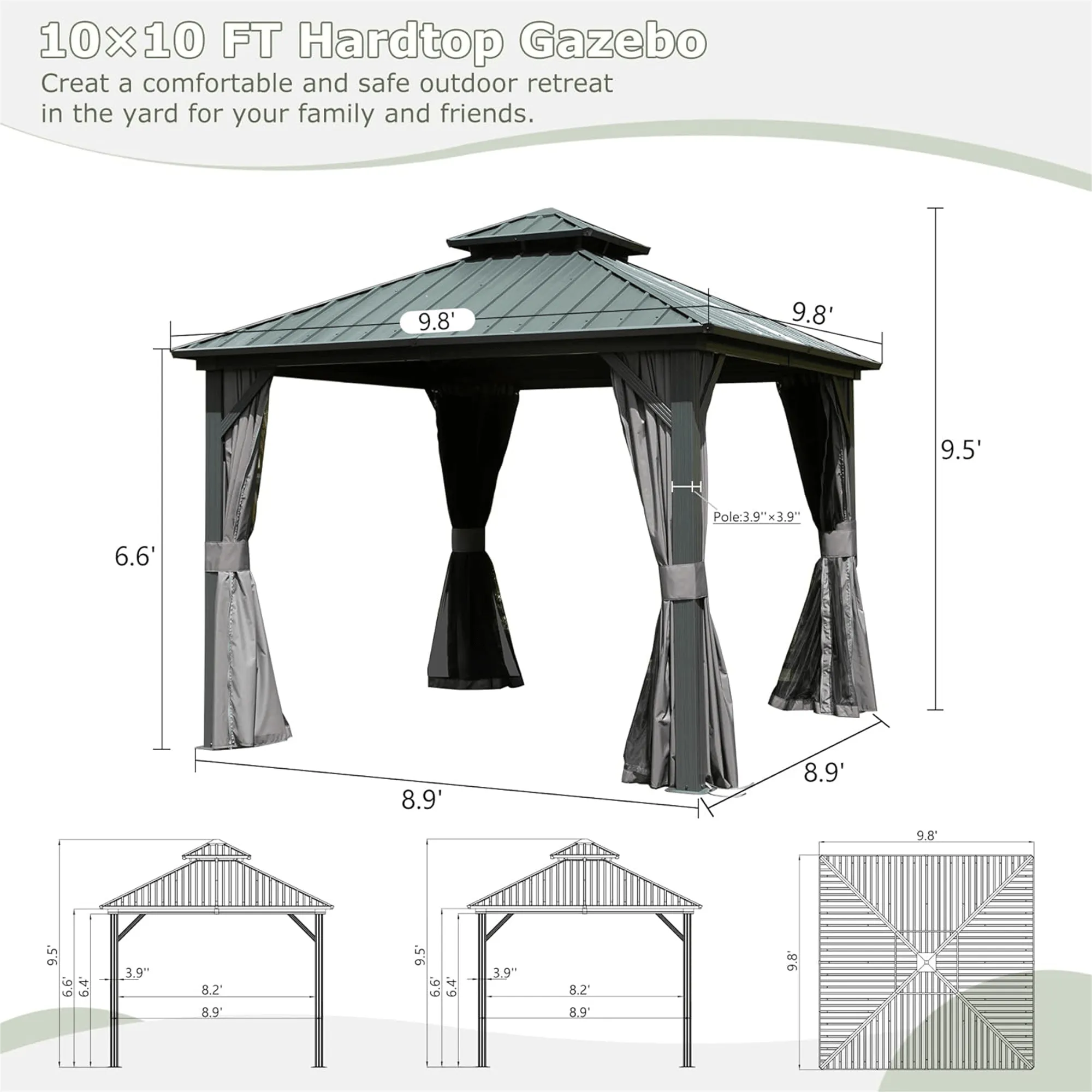 10' X 10' Hardtop Gazebo, Aluminum Metal Gazebo with Galvanized Steel Double Roof Canopy, Curtain and Netting