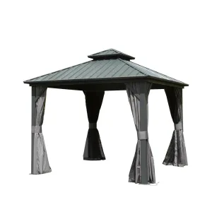 10' X 10' Hardtop Gazebo, Aluminum Metal Gazebo with Galvanized Steel Double Roof Canopy, Curtain and Netting