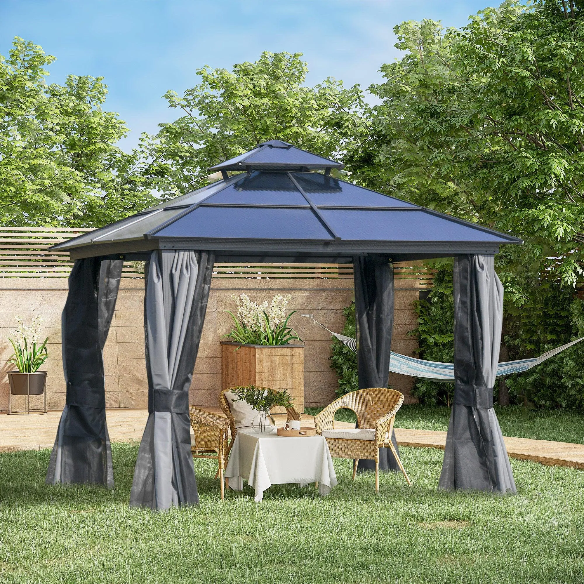 10' x 10' Hardtop Gazebo Canopy with Polycarbonate Double Roof, Aluminum Frame, Gray