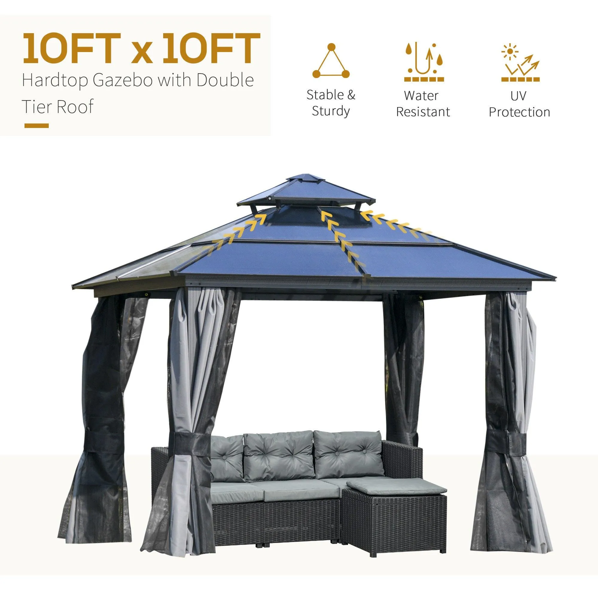 10' x 10' Hardtop Gazebo Canopy with Polycarbonate Double Roof, Aluminum Frame, Gray