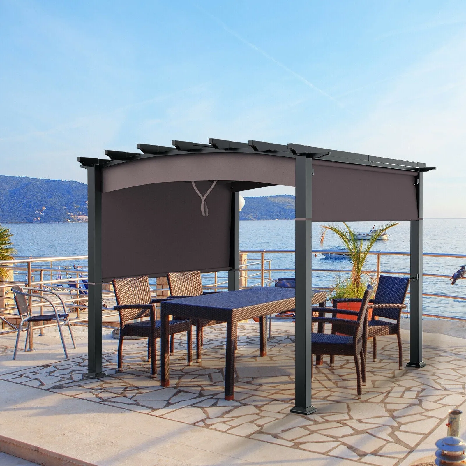 10 x 10ft Patio Pergola Gazebo with Retractable Canopy - Brown