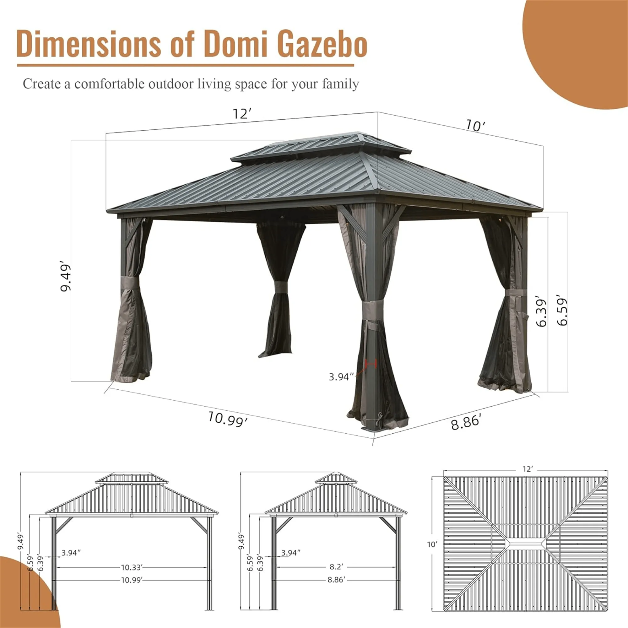 10' X 12' Hardtop Gazebo, Aluminum Metal Gazebo with Galvanized Steel Double Roof Canopy