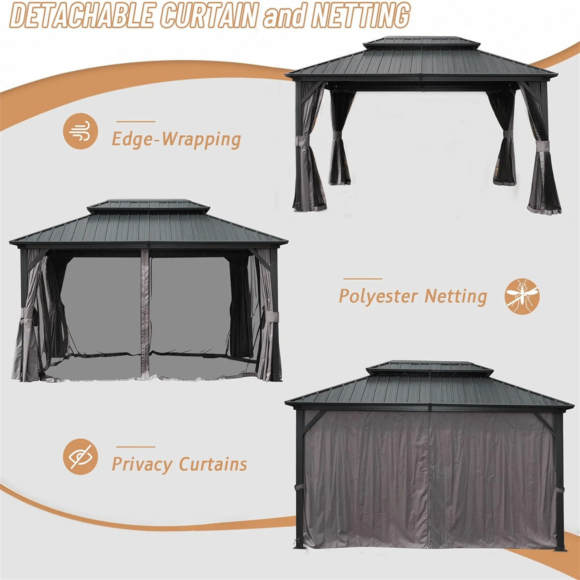 10' X 12' Hardtop Gazebo, Aluminum Metal Gazebo with Galvanized Steel Double Roof Canopy