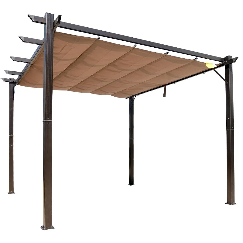 10x10 ft Aluminum Pergola Gazebo with Retractable Canopy - Brown & Coffee