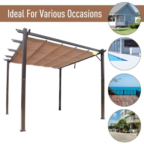 10x10 ft Aluminum Pergola Gazebo with Retractable Canopy - Brown & Coffee