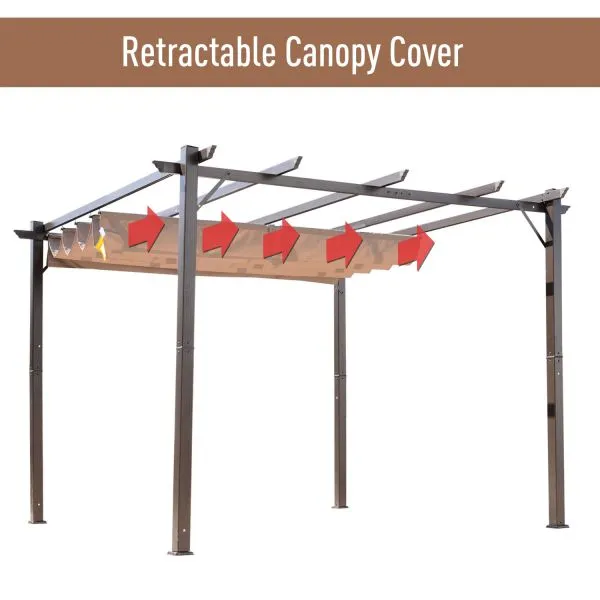 10x10 ft Aluminum Pergola Gazebo with Retractable Canopy - Brown & Coffee