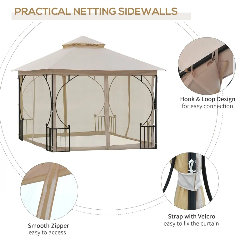 10x10 ft Double Tier Outdoor Garden Gazebo with Mosquito Netting - Beige