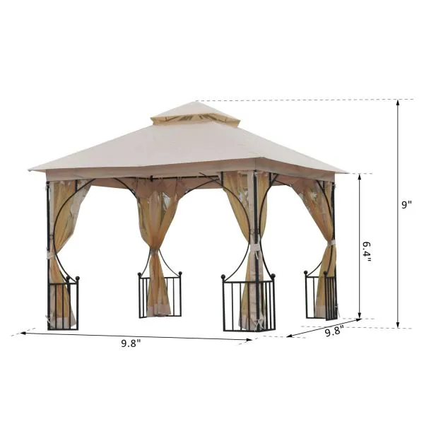 10x10 ft Double Tier Outdoor Garden Gazebo with Mosquito Netting - Beige