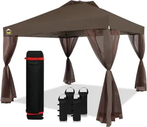 10X10 Pop up Canopy Tent, Pop up Gazebo with Netting, 4 Ropes, 8 Stakes, 4 Weight Bags, Wheeled Storage Bag, 10X10 Outdoor Canopy for Patio, Coffee