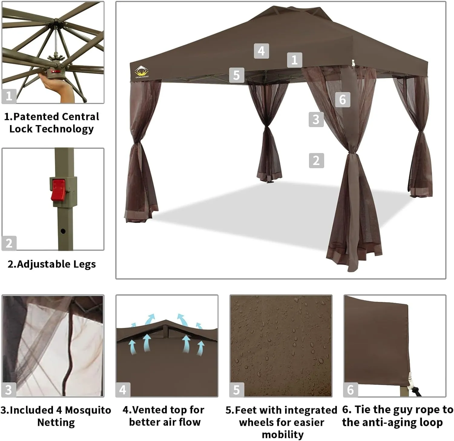 10X10 Pop up Canopy Tent, Pop up Gazebo with Netting, 4 Ropes, 8 Stakes, 4 Weight Bags, Wheeled Storage Bag, 10X10 Outdoor Canopy for Patio, Coffee