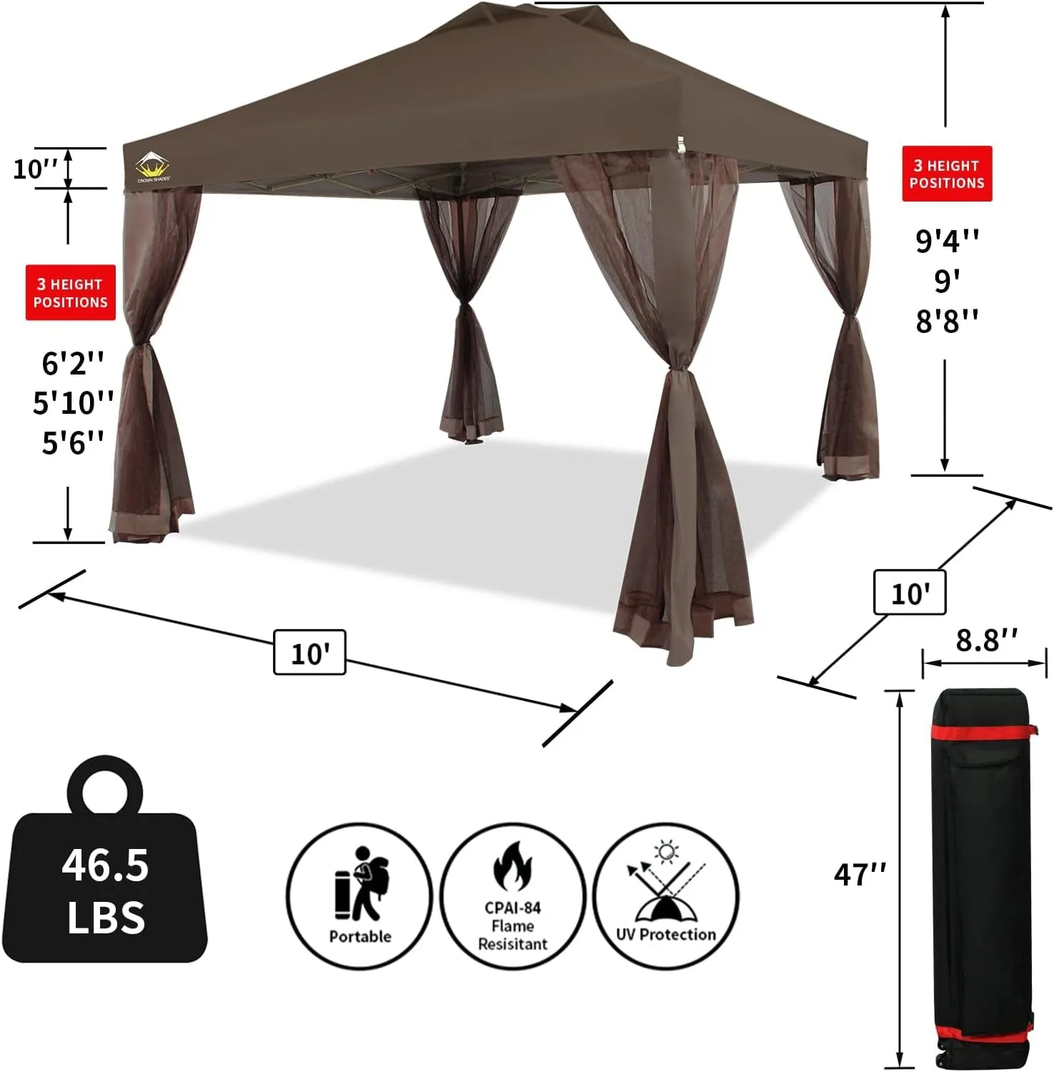 10X10 Pop up Canopy Tent, Pop up Gazebo with Netting, 4 Ropes, 8 Stakes, 4 Weight Bags, Wheeled Storage Bag, 10X10 Outdoor Canopy for Patio, Coffee