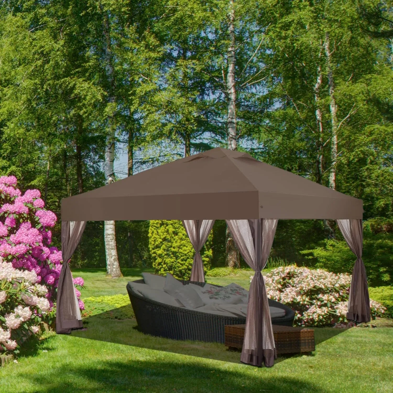 10X10 Pop up Canopy Tent, Pop up Gazebo with Netting, 4 Ropes, 8 Stakes, 4 Weight Bags, Wheeled Storage Bag, 10X10 Outdoor Canopy for Patio, Coffee