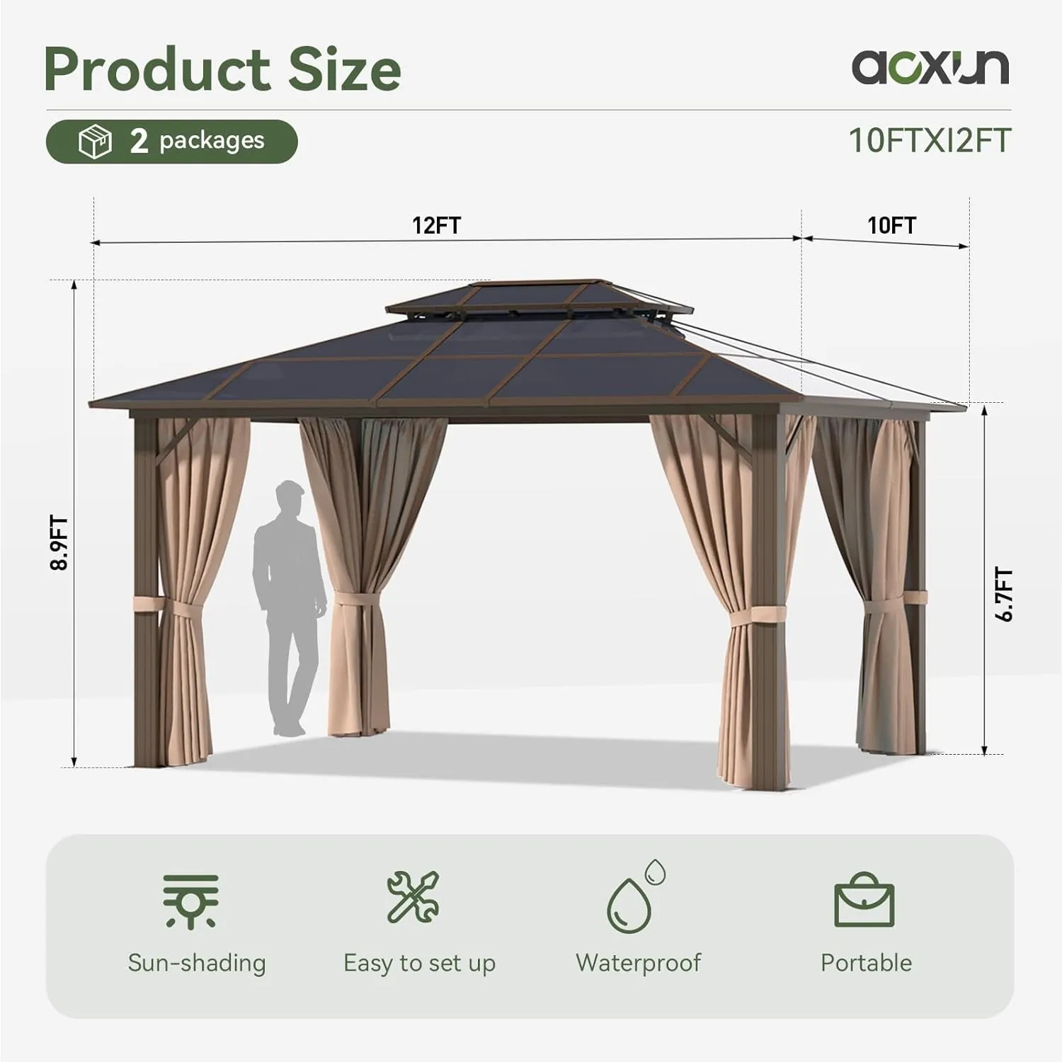 10'X12' Hardtop Gazebo, Aluminum Frame Permanent Pavilion with Curtains and Netting, Outdoor Polycarbonate Gazebo, Double Roof Canopy, for Gardens, Patios, Lawns