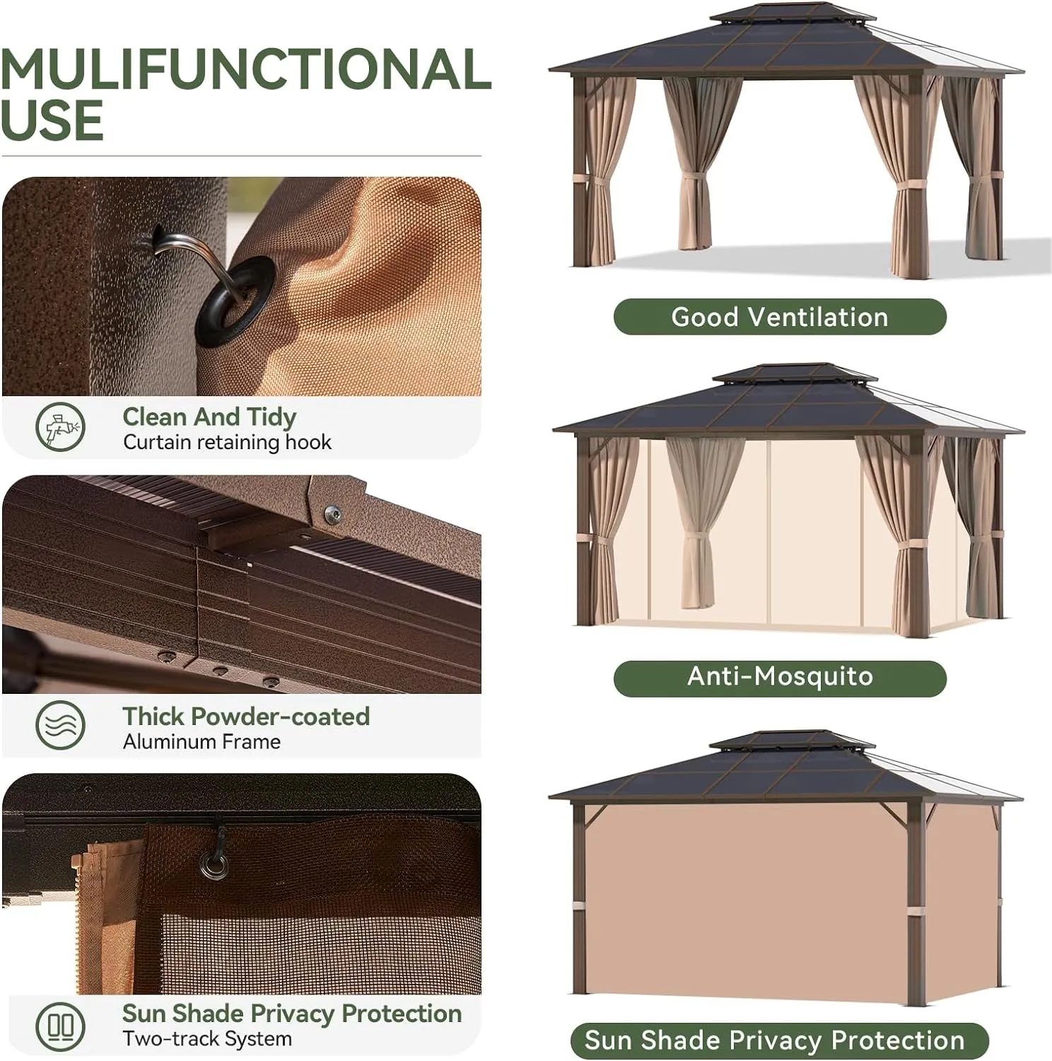 10'X12' Hardtop Gazebo, Aluminum Frame Permanent Pavilion with Curtains and Netting, Outdoor Polycarbonate Gazebo, Double Roof Canopy, for Gardens, Patios, Lawns