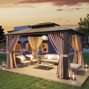 10'X12' Hardtop Gazebo, Aluminum Frame Permanent Pavilion with Curtains and Netting, Outdoor Polycarbonate Gazebo, Double Roof Canopy, for Gardens, Patios, Lawns