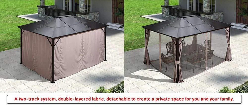 10'x12' Patio Hardtop Gazebo Aluminum Frame Gazebos with Netting & Curtain