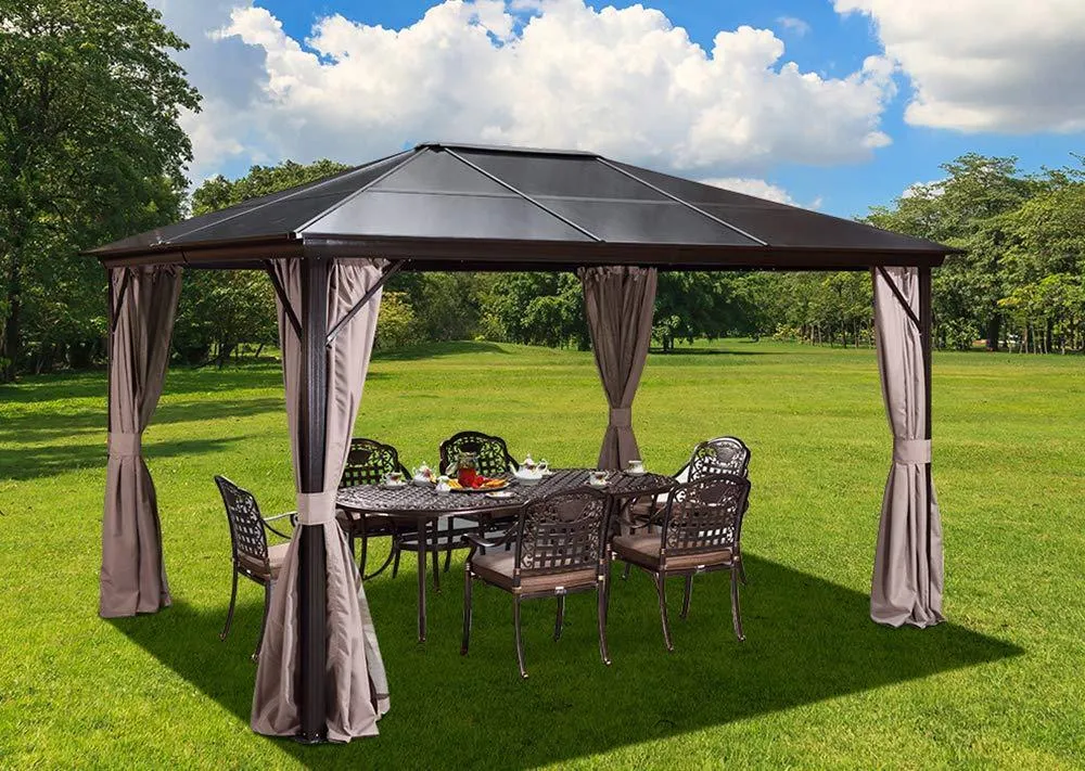 10'x12' Patio Hardtop Gazebo Aluminum Frame Gazebos with Netting & Curtain