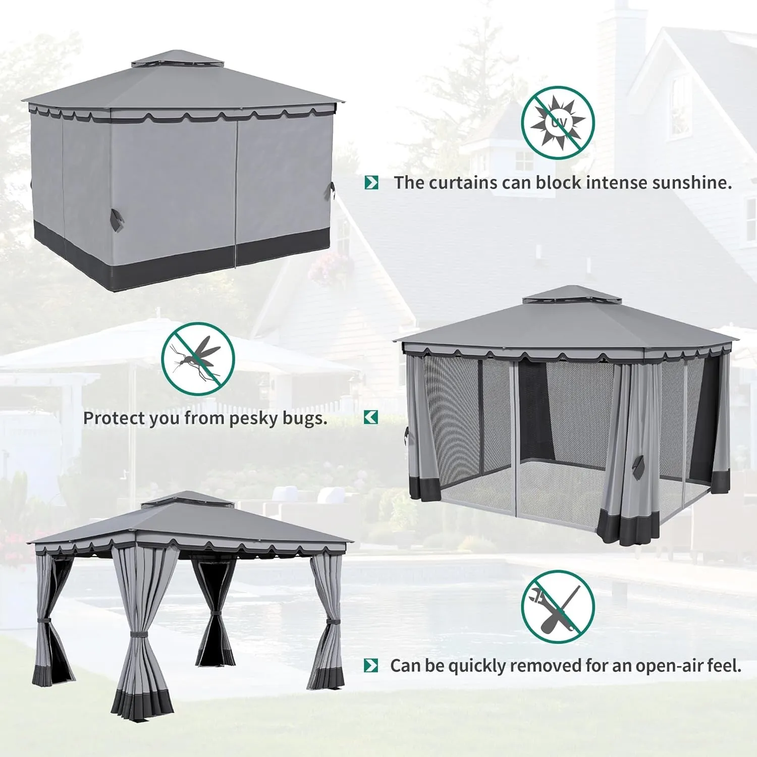 10X12Ft Patio Gazebo Outdoor Double Roof Canopy Gazebo W/Netting & Curtains, Soft Fabric Top Garden Winds Tent with Steel Frame for Lawn, Garden, Backyard and Deck, Grey