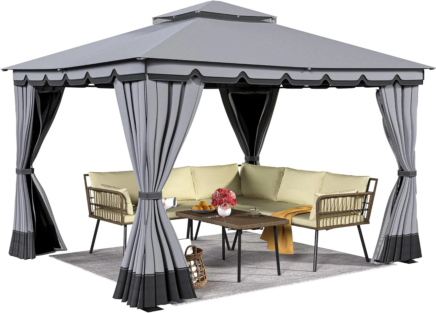 10X12Ft Patio Gazebo Outdoor Double Roof Canopy Gazebo W/Netting & Curtains, Soft Fabric Top Garden Winds Tent with Steel Frame for Lawn, Garden, Backyard and Deck, Grey