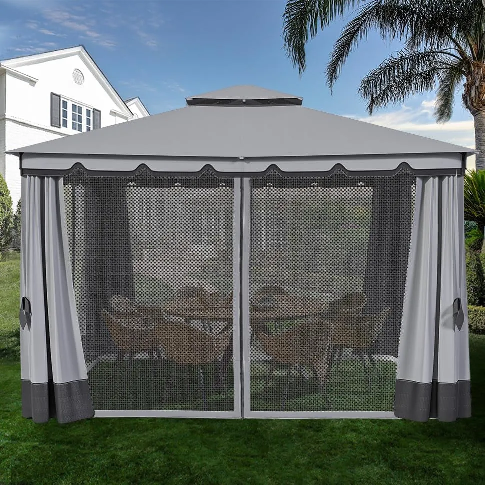 10X12Ft Patio Gazebo Outdoor Double Roof Canopy Gazebo W/Netting & Curtains, Soft Fabric Top Garden Winds Tent with Steel Frame for Lawn, Garden, Backyard and Deck, Grey