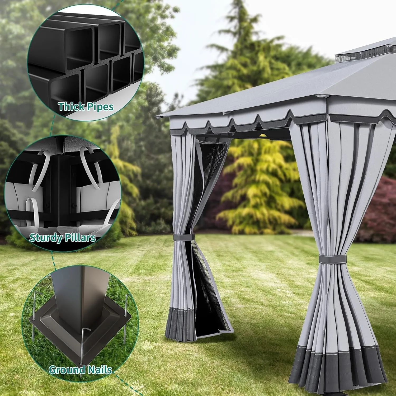 10X12Ft Patio Gazebo Outdoor Double Roof Canopy Gazebo W/Netting & Curtains, Soft Fabric Top Garden Winds Tent with Steel Frame for Lawn, Garden, Backyard and Deck, Grey