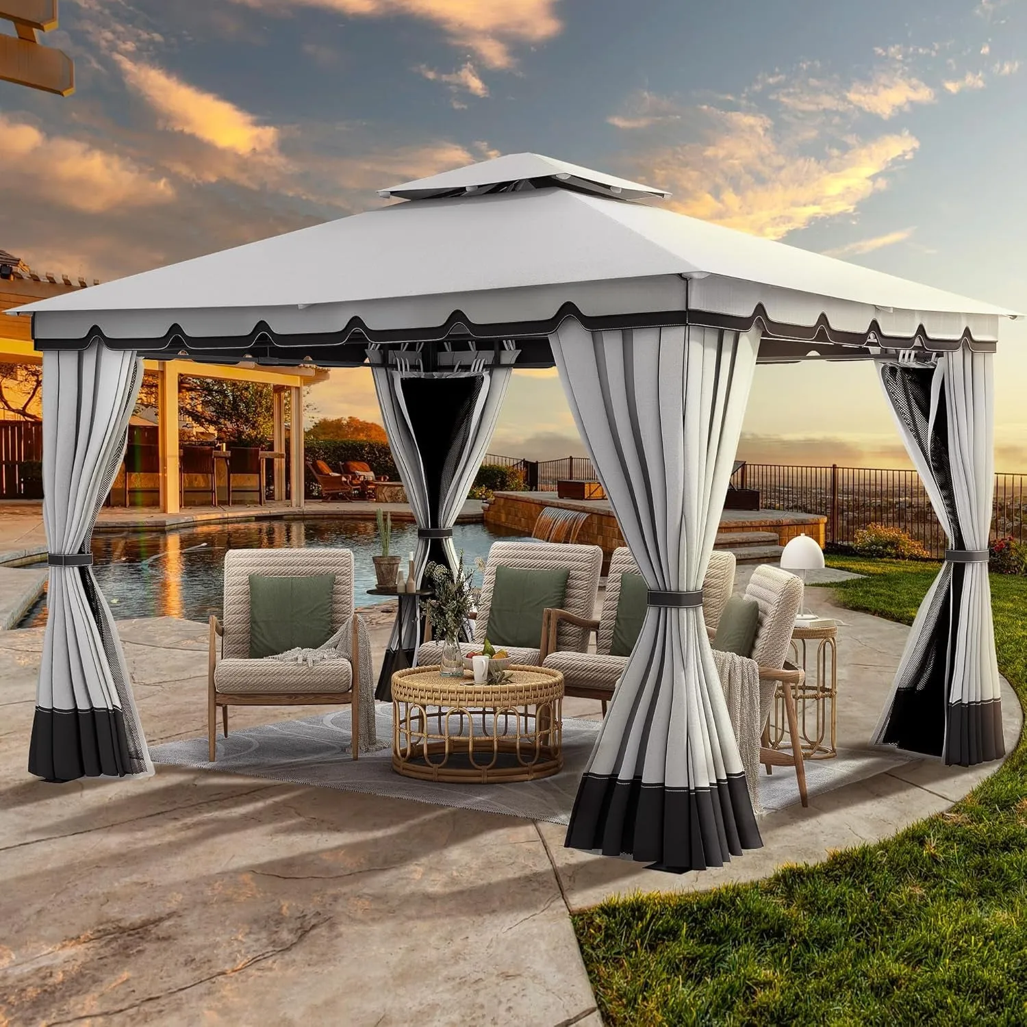 10X12Ft Patio Gazebo Outdoor Double Roof Canopy Gazebo W/Netting & Curtains, Soft Fabric Top Garden Winds Tent with Steel Frame for Lawn, Garden, Backyard and Deck, Grey