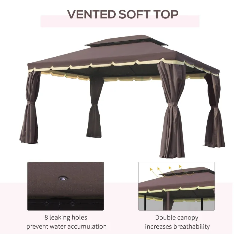 10x13 ft Double Top Canopy Gazebo with Mesh Netting - Coffee