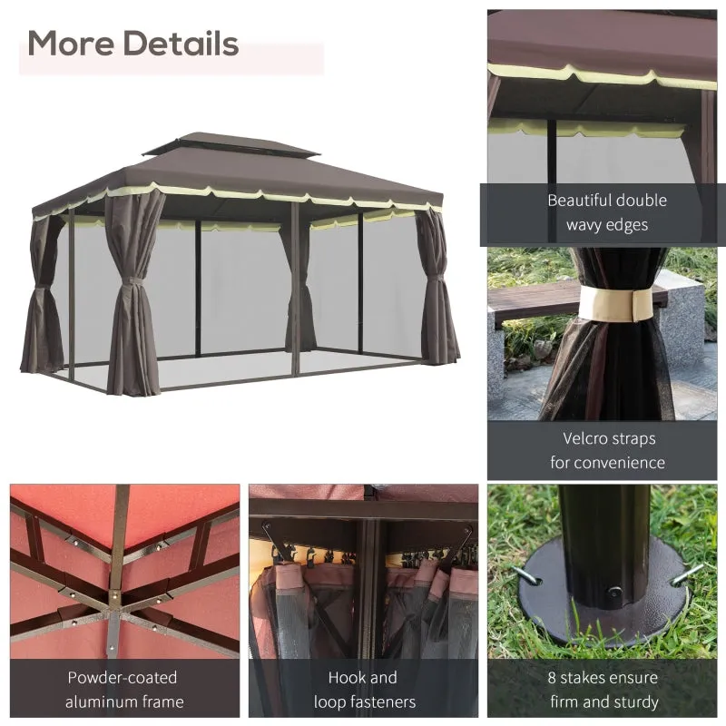 10x13 ft Double Top Canopy Gazebo with Mesh Netting - Coffee