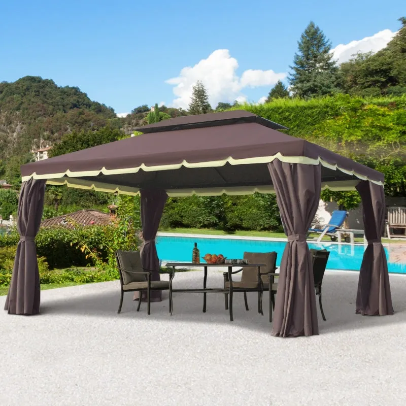 10x13 ft Double Top Canopy Gazebo with Mesh Netting - Coffee