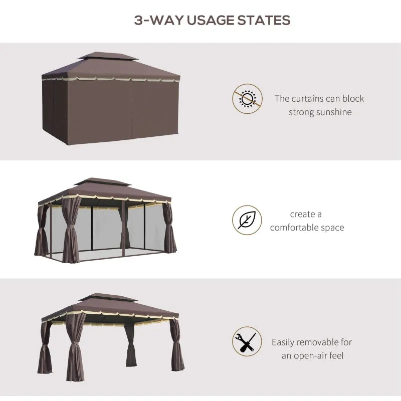 10x13 ft Double Top Canopy Gazebo with Mesh Netting - Coffee