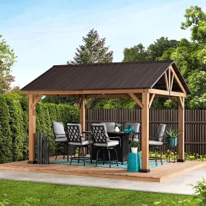 11 x 13 ft. Outdoor Patio Premium Cedar Frame Wood Gazebo with Matte Black Steel Gable Hardtop Roof