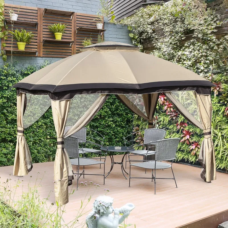 12' x 10' 2-Tier Outdoor Gazebo with Zippered Mesh Sidewalls - Beige