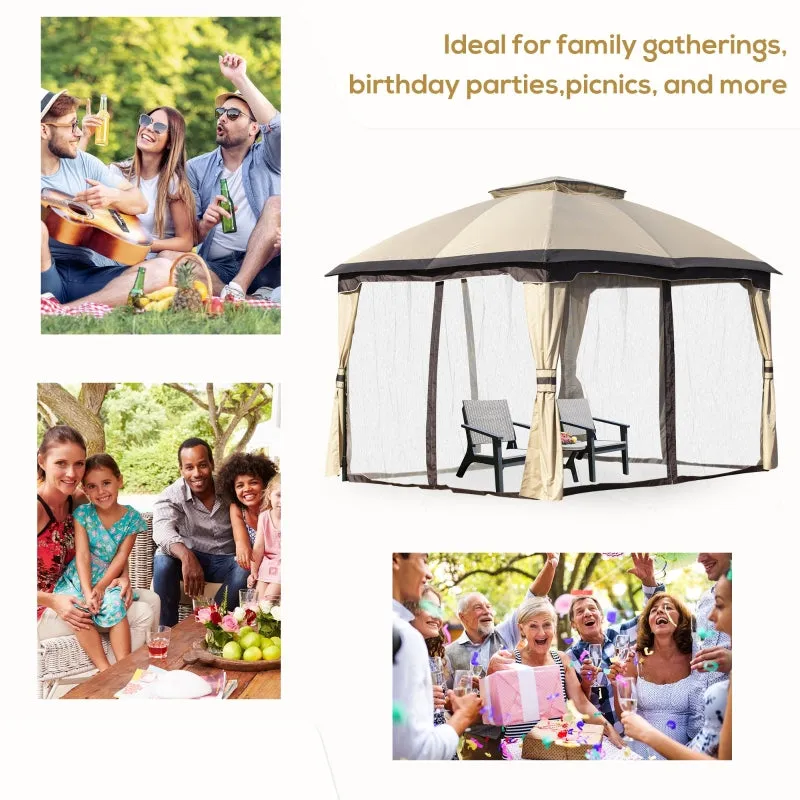 12' x 10' 2-Tier Outdoor Gazebo with Zippered Mesh Sidewalls - Beige