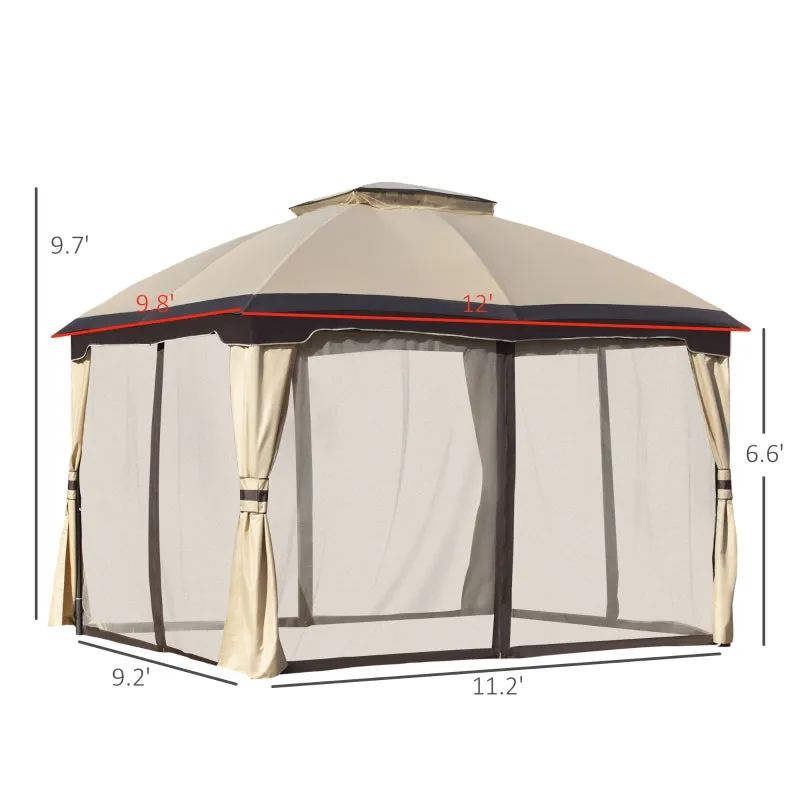 12' x 10' 2-Tier Outdoor Gazebo with Zippered Mesh Sidewalls - Beige