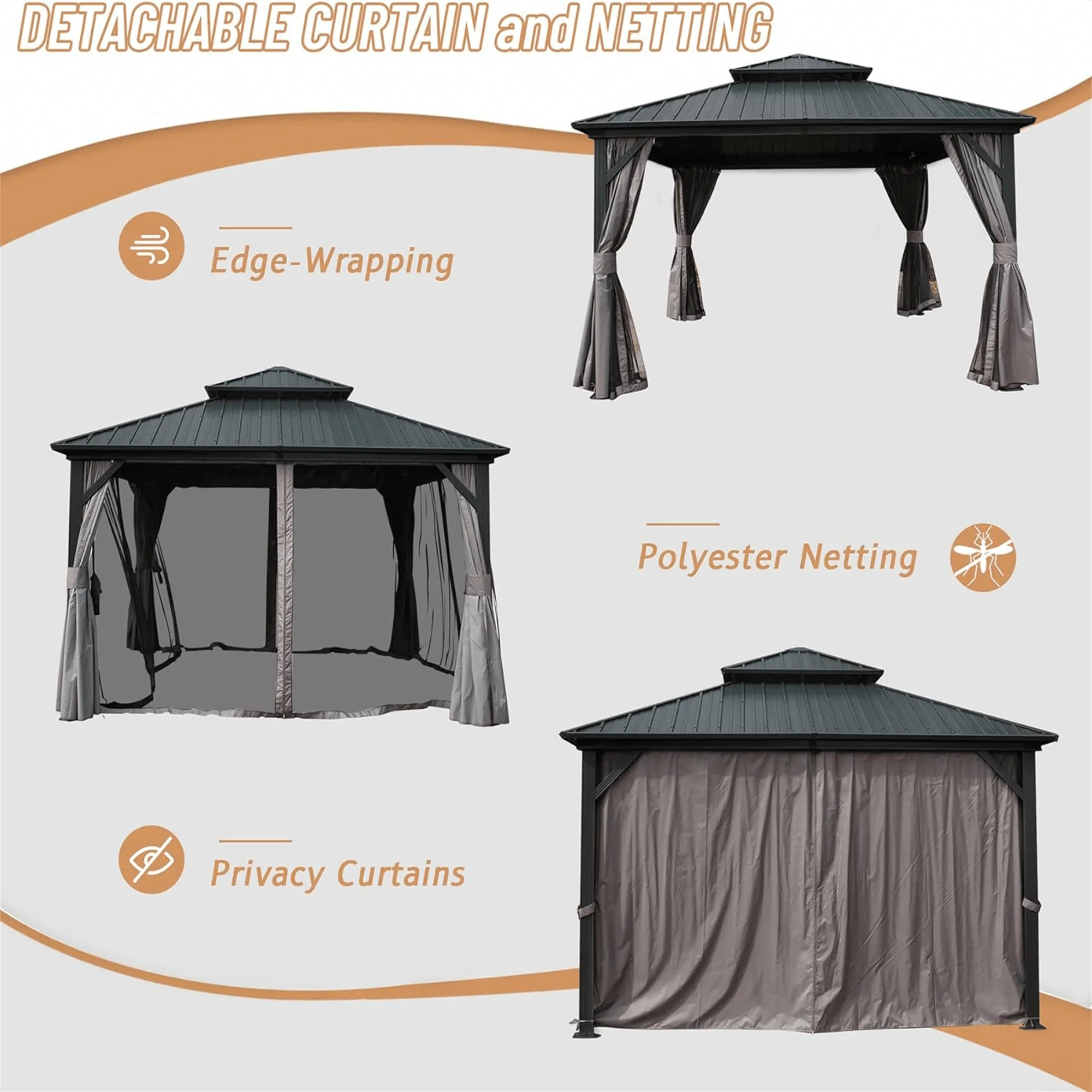 12' X 12' Hardtop Gazebo, Aluminum Metal Gazebo with Galvanized Steel Double Roof Canopy