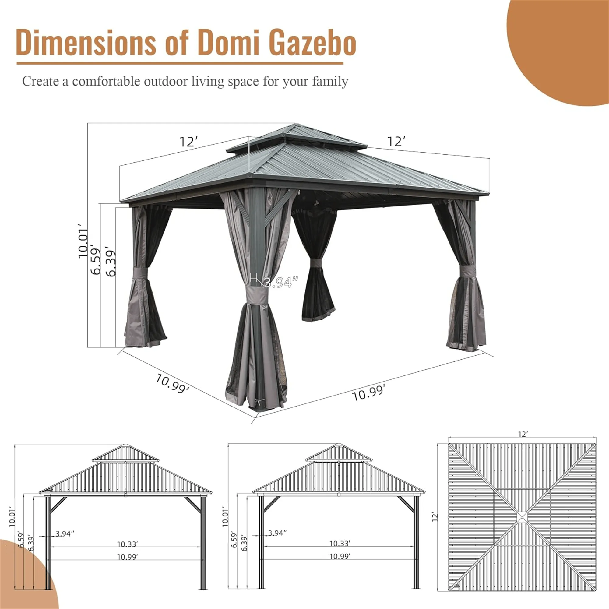 12' X 12' Hardtop Gazebo, Aluminum Metal Gazebo with Galvanized Steel Double Roof Canopy