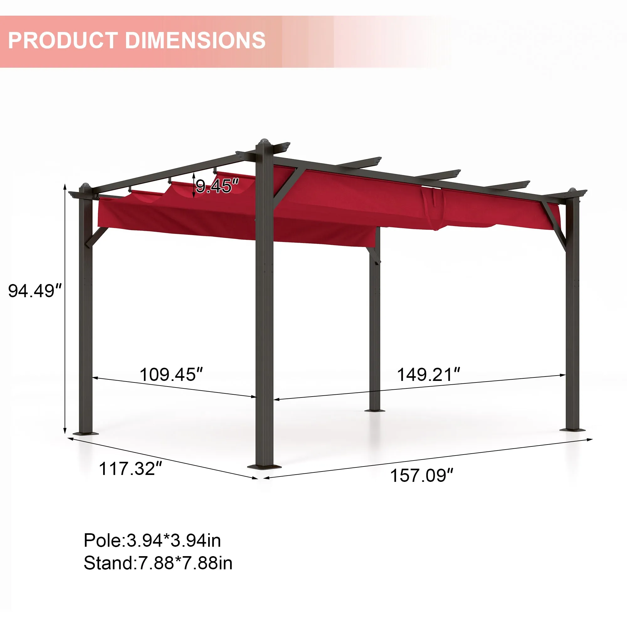 13' X 10' Retractable Pergola, Patio Gazebo Grape Trellis with Removable Sun Shade Canopy（Wine Red）