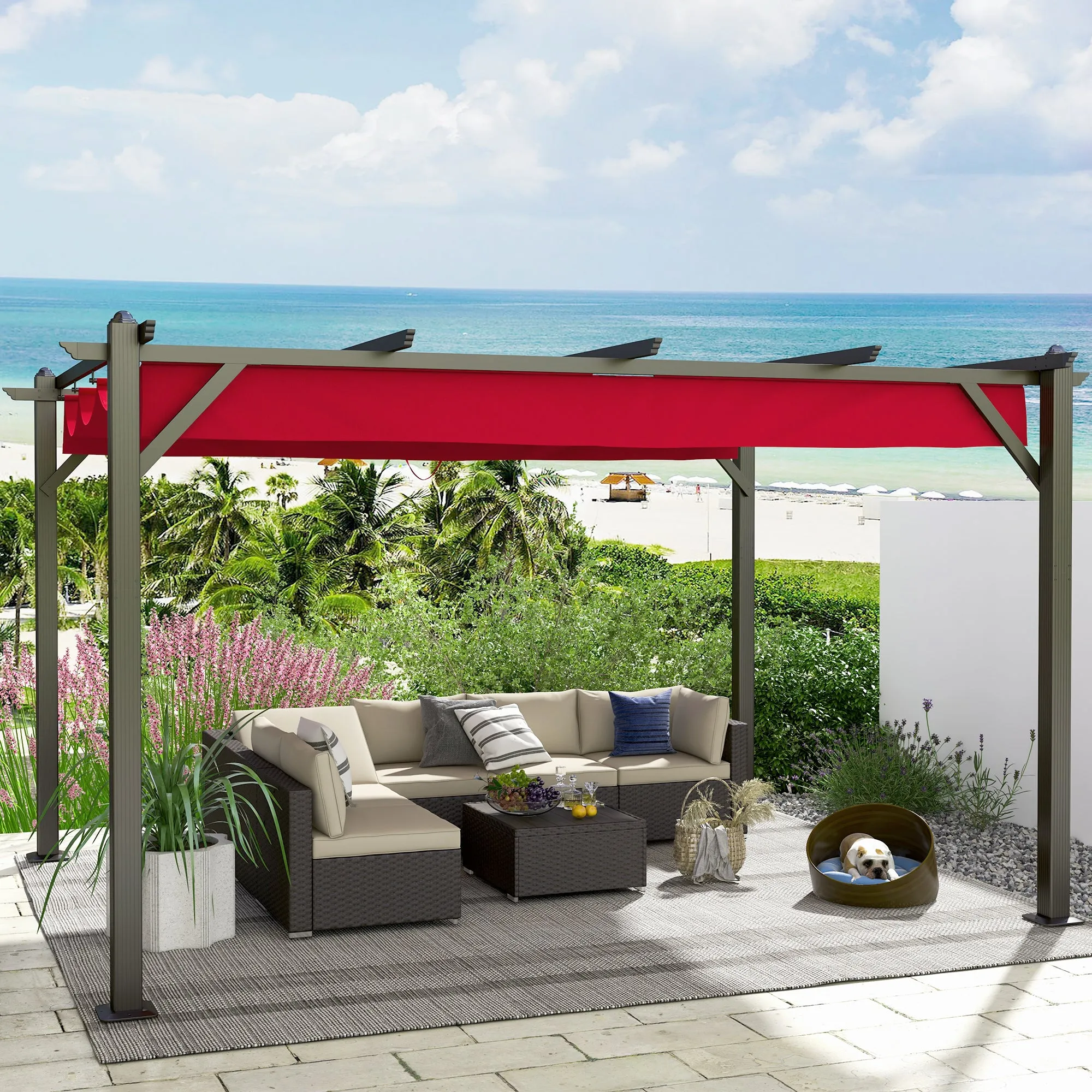 13' X 10' Retractable Pergola, Patio Gazebo Grape Trellis with Removable Sun Shade Canopy（Wine Red）