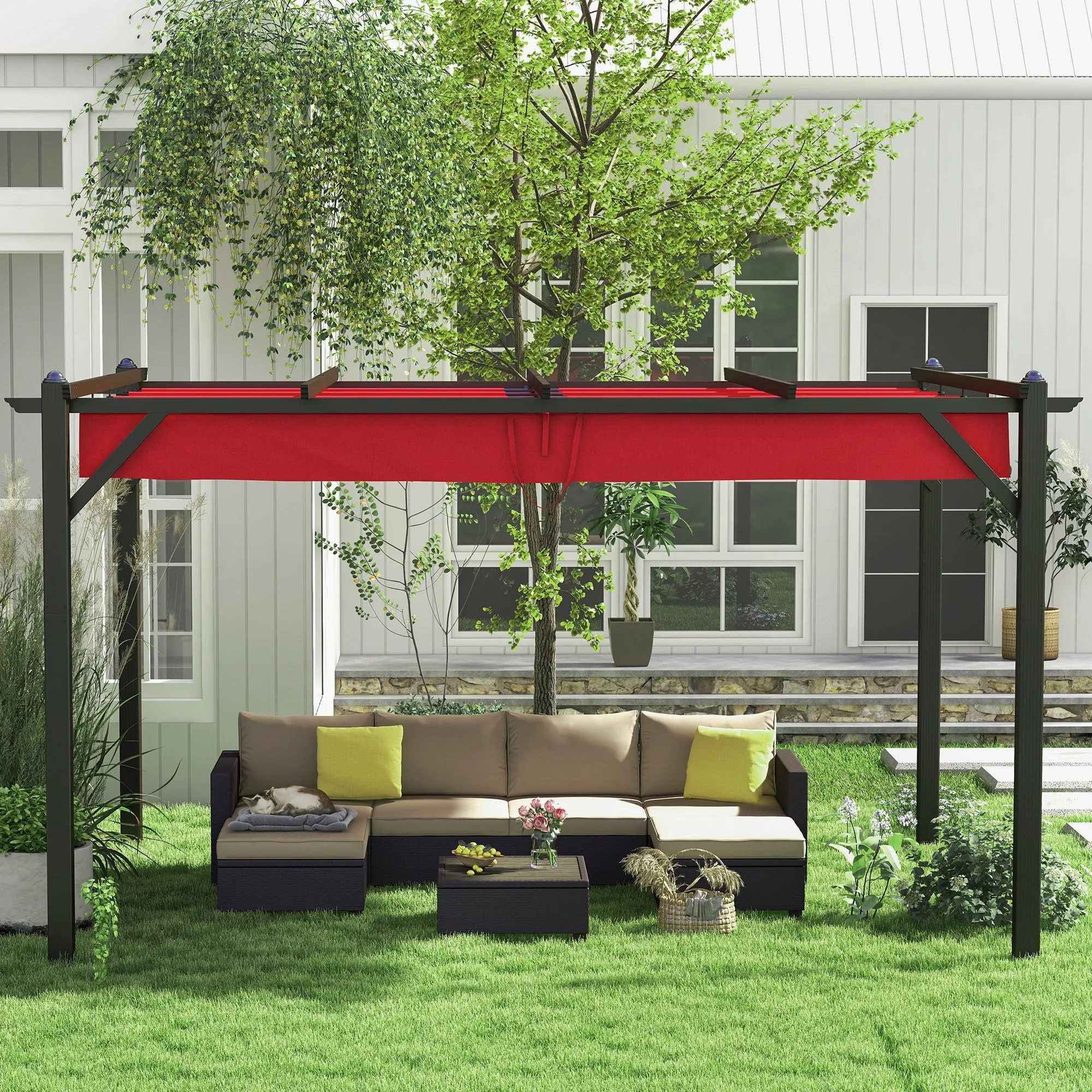 13' X 10' Retractable Pergola, Patio Gazebo Grape Trellis with Removable Sun Shade Canopy（Wine Red）