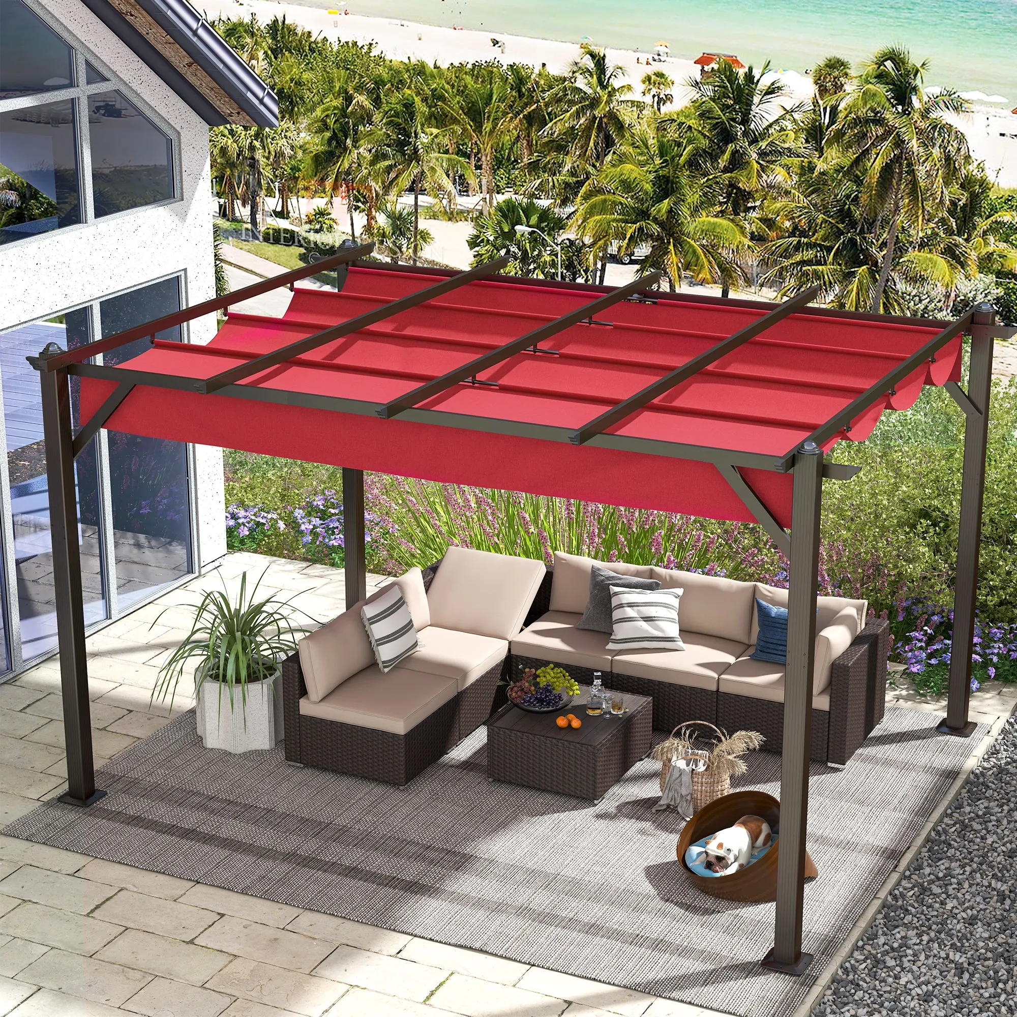 13' X 10' Retractable Pergola, Patio Gazebo Grape Trellis with Removable Sun Shade Canopy（Wine Red）