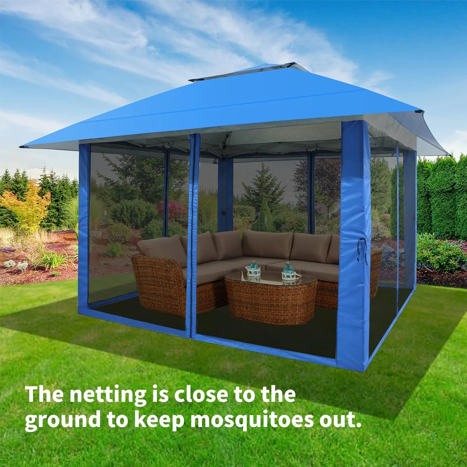 13X13 Pop up Gazebo, Patented One Push Outoor Canopy Tent with Wheeled Sto-N-Go Cover Bag, Pop up Canopy with Netting for Patio, Party, Backyard (13X13, Blue)