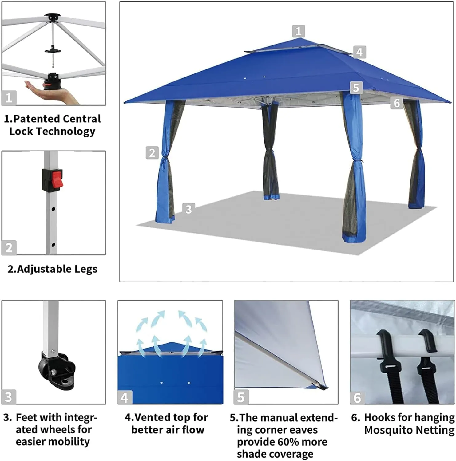 13X13 Pop up Gazebo, Patented One Push Outoor Canopy Tent with Wheeled Sto-N-Go Cover Bag, Pop up Canopy with Netting for Patio, Party, Backyard (13X13, Blue)