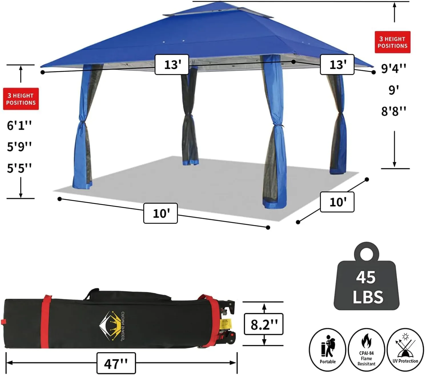 13X13 Pop up Gazebo, Patented One Push Outoor Canopy Tent with Wheeled Sto-N-Go Cover Bag, Pop up Canopy with Netting for Patio, Party, Backyard (13X13, Blue)