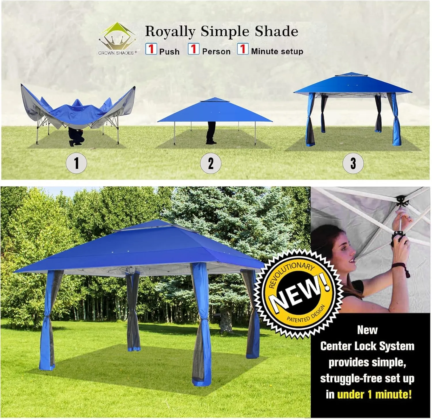 13X13 Pop up Gazebo, Patented One Push Outoor Canopy Tent with Wheeled Sto-N-Go Cover Bag, Pop up Canopy with Netting for Patio, Party, Backyard (13X13, Blue)