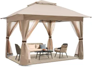 13X13Ft Pop up Gazebo Easy Pop up Canopy Tent Instant Folding Shelter with Mosquito Netting Walls(Khaki)