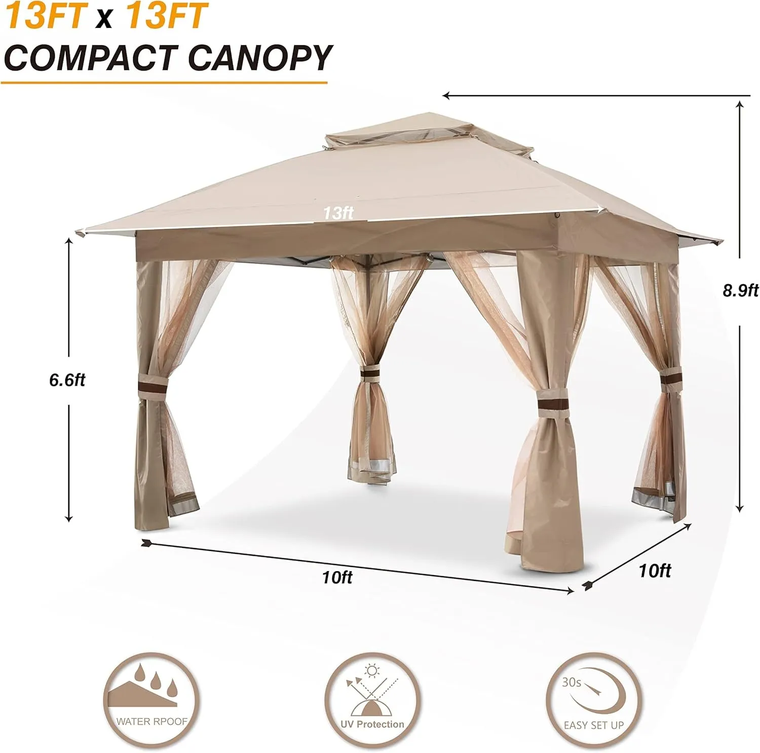 13X13Ft Pop up Gazebo Easy Pop up Canopy Tent Instant Folding Shelter with Mosquito Netting Walls(Khaki)