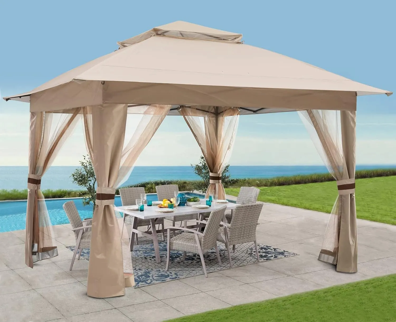 13X13Ft Pop up Gazebo Easy Pop up Canopy Tent Instant Folding Shelter with Mosquito Netting Walls(Khaki)