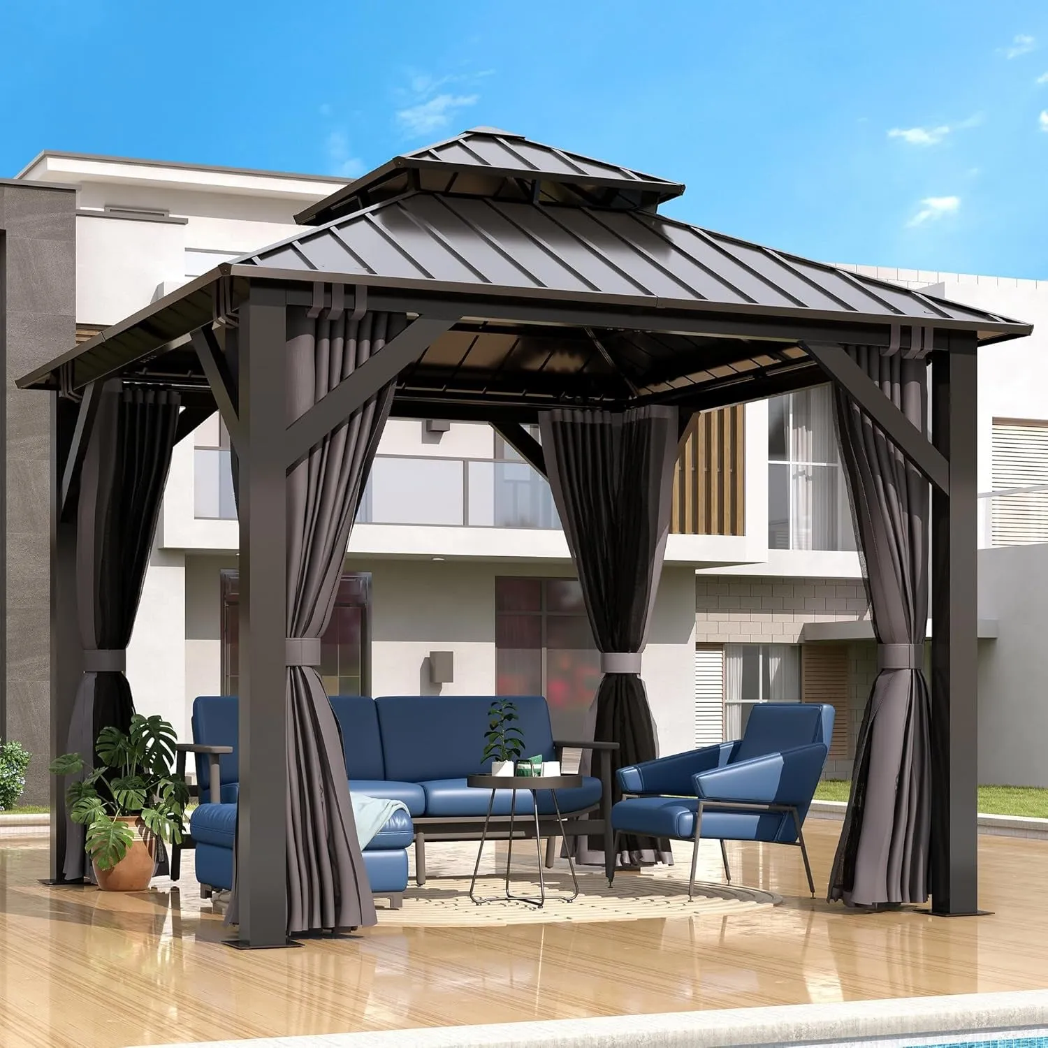 8.5X8.5Ft Outdoor Hardtop Gazebo with Double Roof - Aluminum Heavy-Duty Galvanized Steel Top Gazebo with Breathable Netting & Privacy Curtain for Patio, Porch, Garden, Lawn, Deck, Backyard