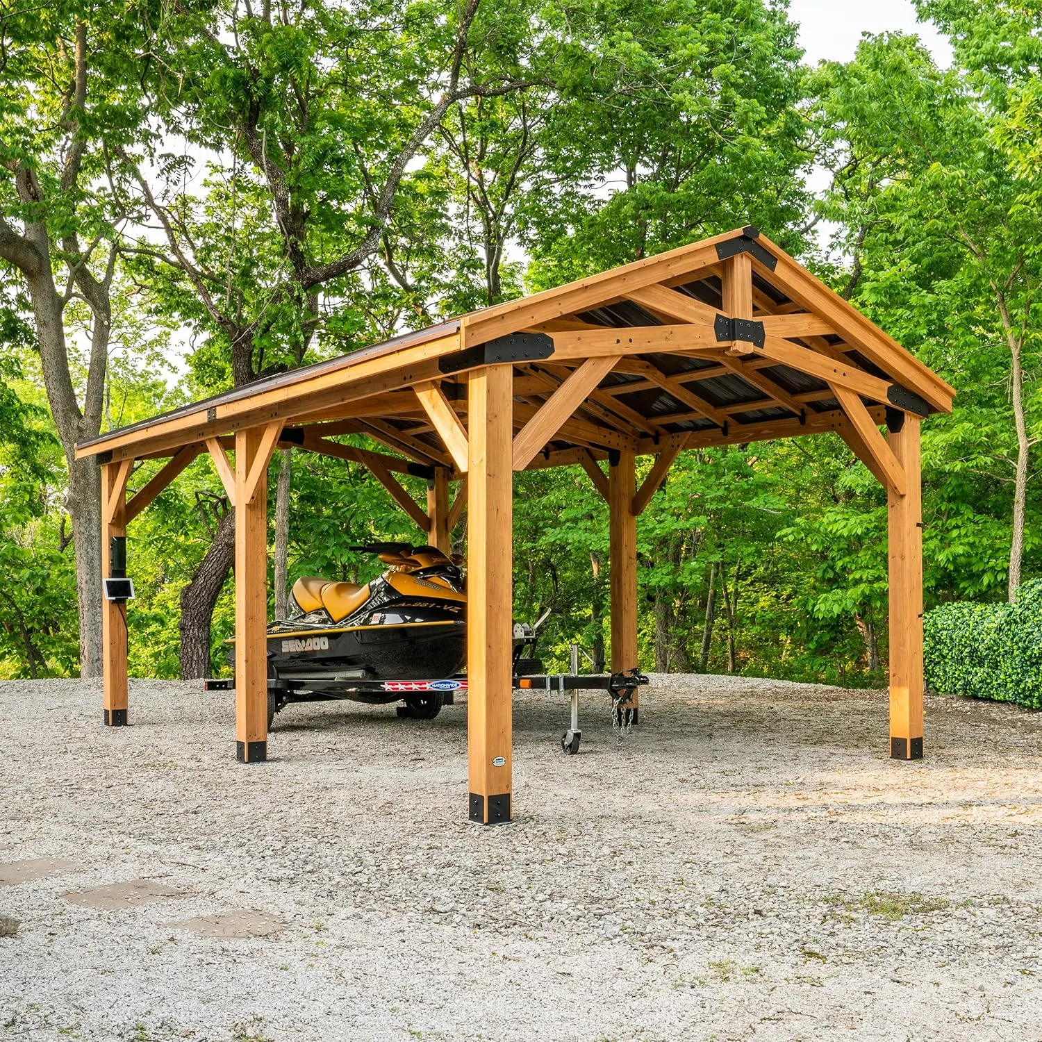 All Cedar Wooden Carport Pavilion Gazebo with Hard Top Steel Roof