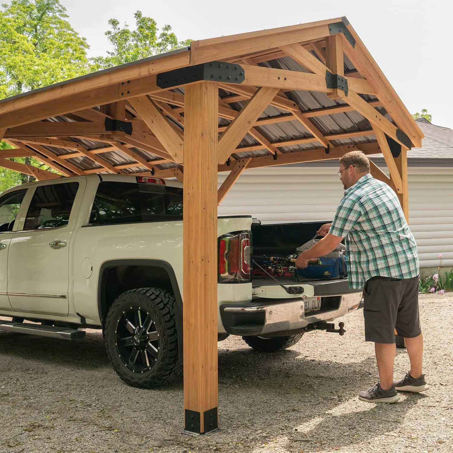 All Cedar Wooden Carport Pavilion Gazebo with Hard Top Steel Roof